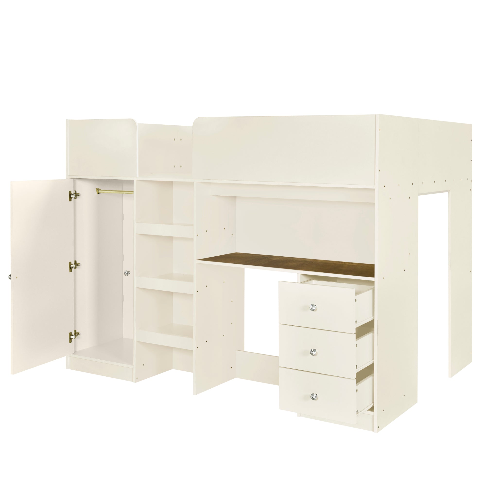 Wood Full Size Loft Bed with Built-in Wardrobe, Desk, Storage Shelves and Drawers, Beige - Atlantic Fine Furniture Melbourne FL