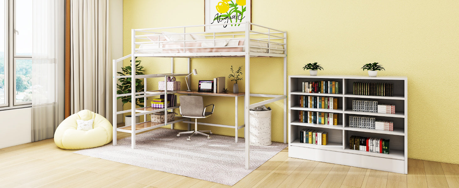 Full Size Metal Loft Bed with Desk and Lateral Storage Ladder, White - Atlantic Fine Furniture Melbourne FL
