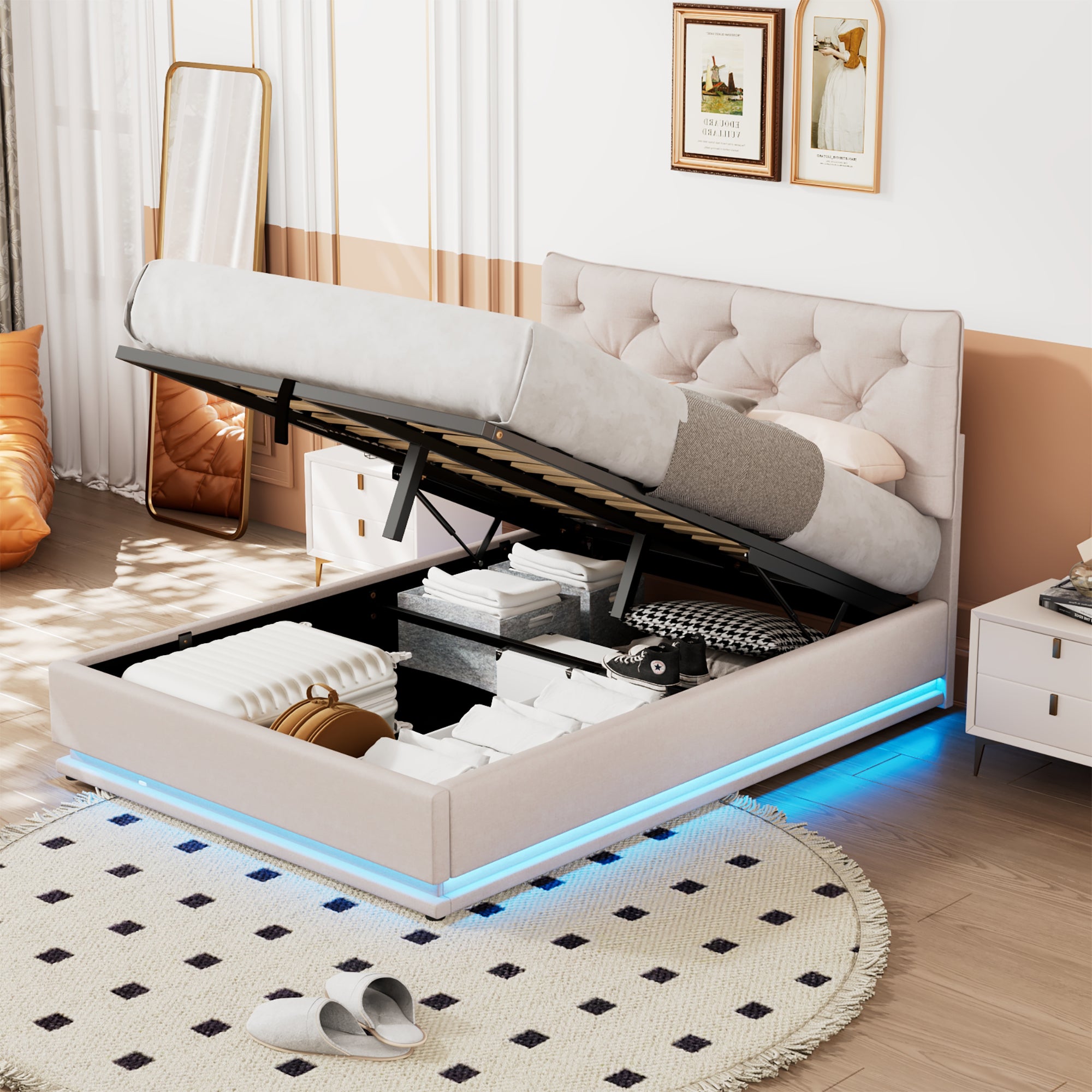 Full Size Upholstered Bed with Hydraulic Storage System and LED Light, Modern Platform Bed with Button-tufted Design Headboard, Beige - Atlantic Fine Furniture Melbourne FL