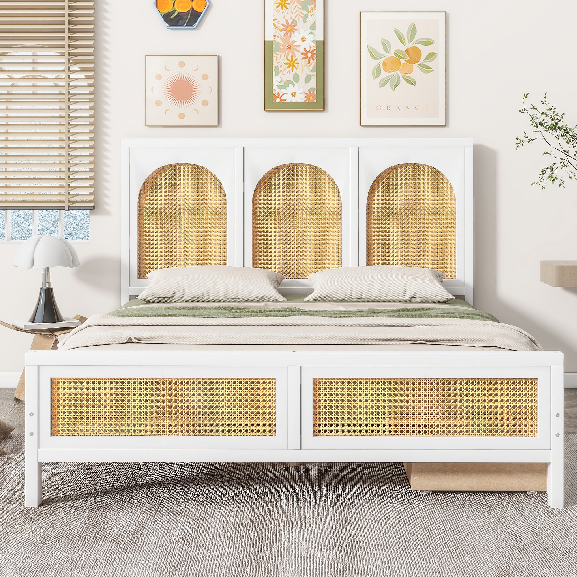 Full Size Wood Storage Platform Bed with 2 Drawers, Rattan Headboard and Footboard, White - Atlantic Fine Furniture Melbourne FL