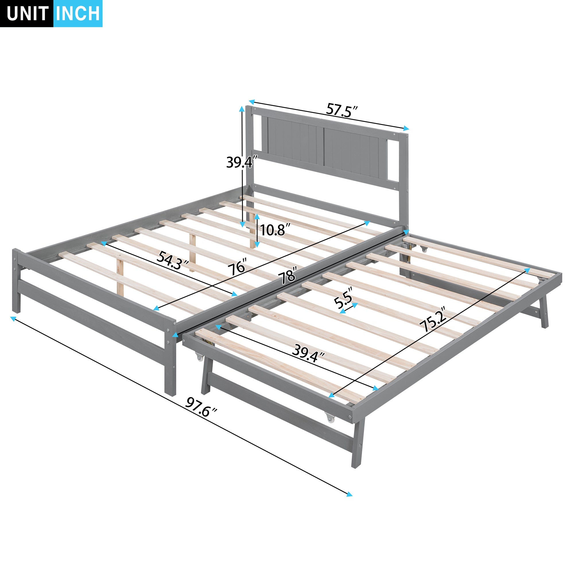 Full Size Platform Bed with Adjustable Trundle,Gray(Old SKU:SM000248AAE)