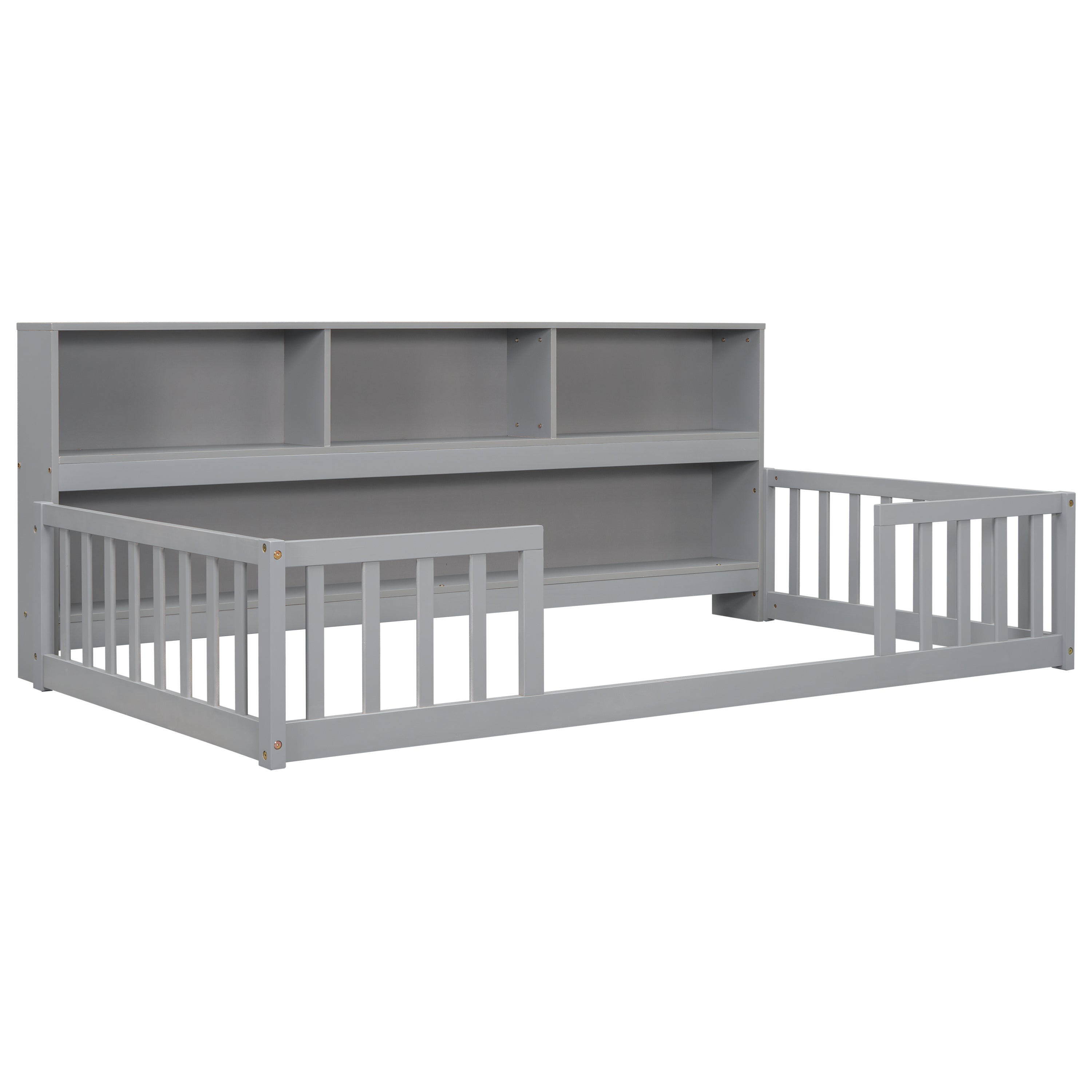 Twin Floor Bed with Bedside Bookcase,Shelves,Guardrails,Grey