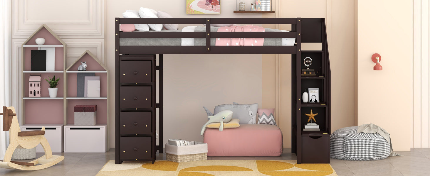 Twin size Loft Bed with Storage Drawers and Stairs, Wooden Loft Bed with Shelves - Espresso - Atlantic Fine Furniture Melbourne FL