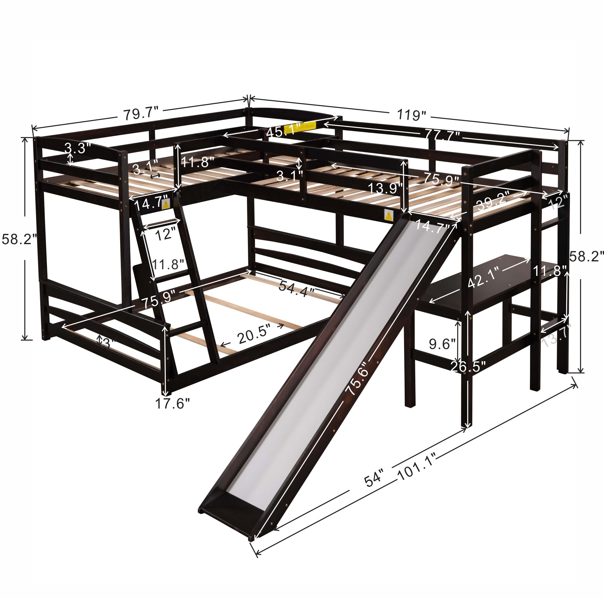 Twin over Full Bunk Bed with Twin Size Loft Bed with Desk and Slide,Full-Length Guardrail, Espresso - Atlantic Fine Furniture Melbourne FL