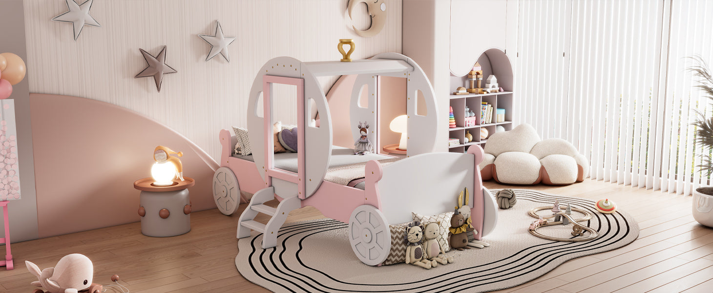 Twin size Princess Carriage Bed with Crown ,Wood Platform Car Bed with Stair,White+Pink - Atlantic Fine Furniture Melbourne FL