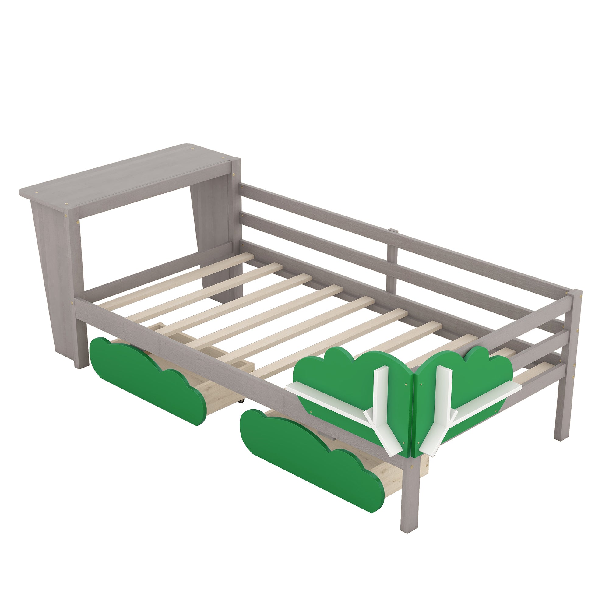 Twin Size Daybed with Desk, Green Leaf Shape Drawers and Shelves, Gray - Atlantic Fine Furniture Melbourne FL