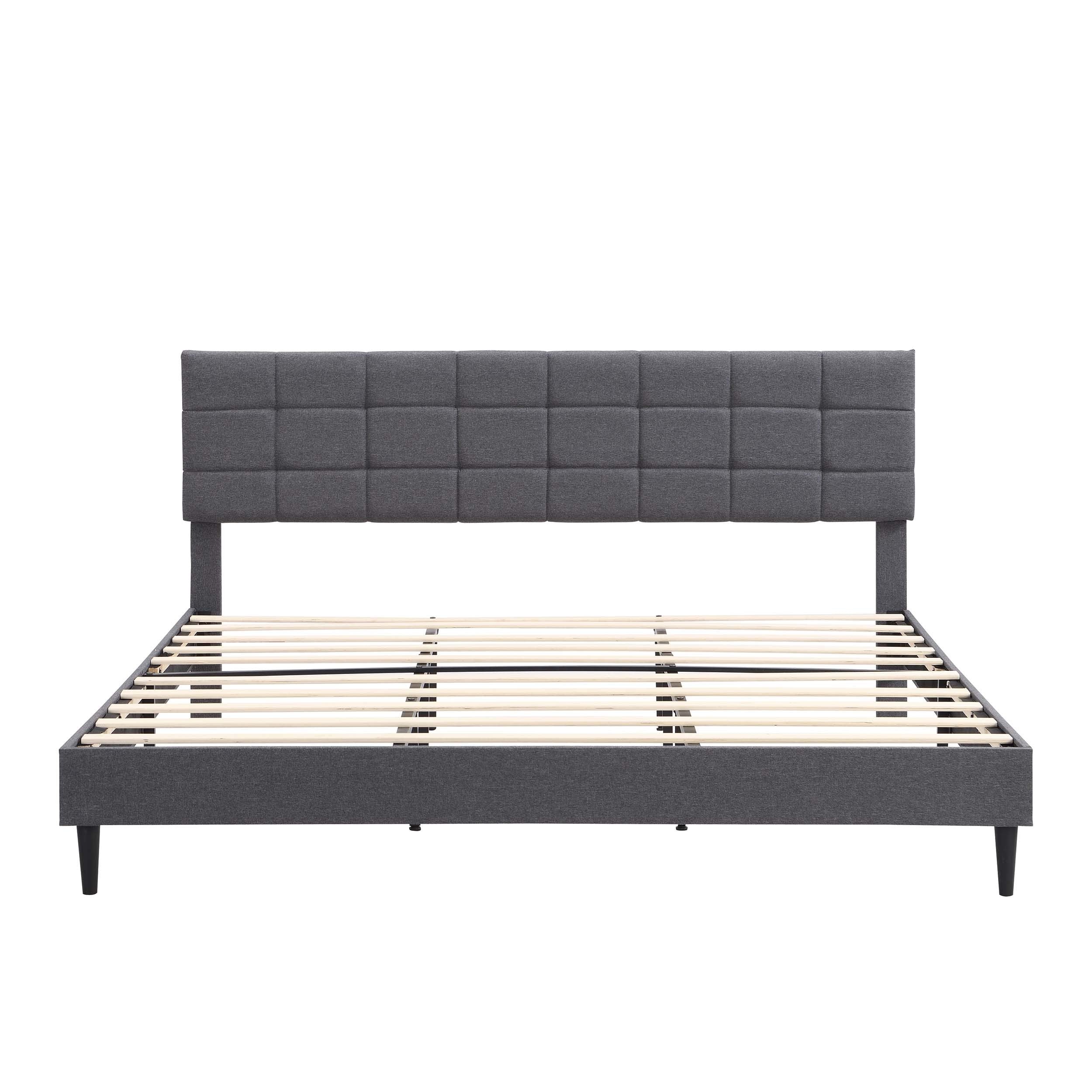 King Size Platform Bed Frame with Fabric Upholstered Headboard and Wooden Slats, No Box Spring Needed/Easy Assembly, Dark Grey - Atlantic Fine Furniture Melbourne FL