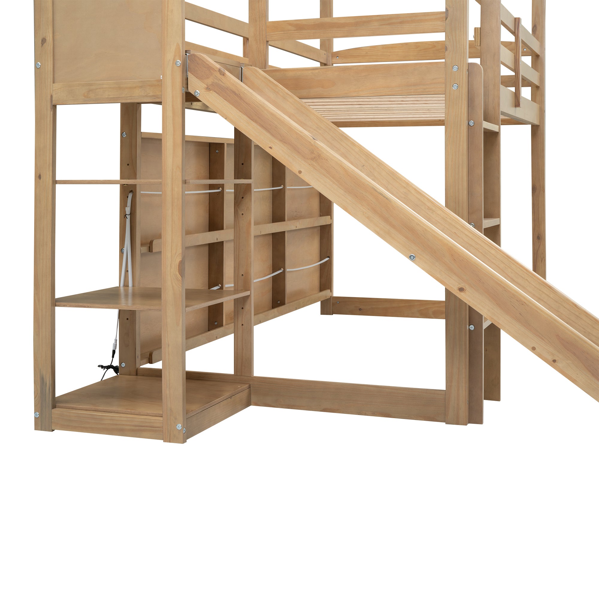 Twin Size Wood House Loft bed with Slide, Storage shelves and Light, Climbing Ramp, Wood Color - Atlantic Fine Furniture Melbourne FL