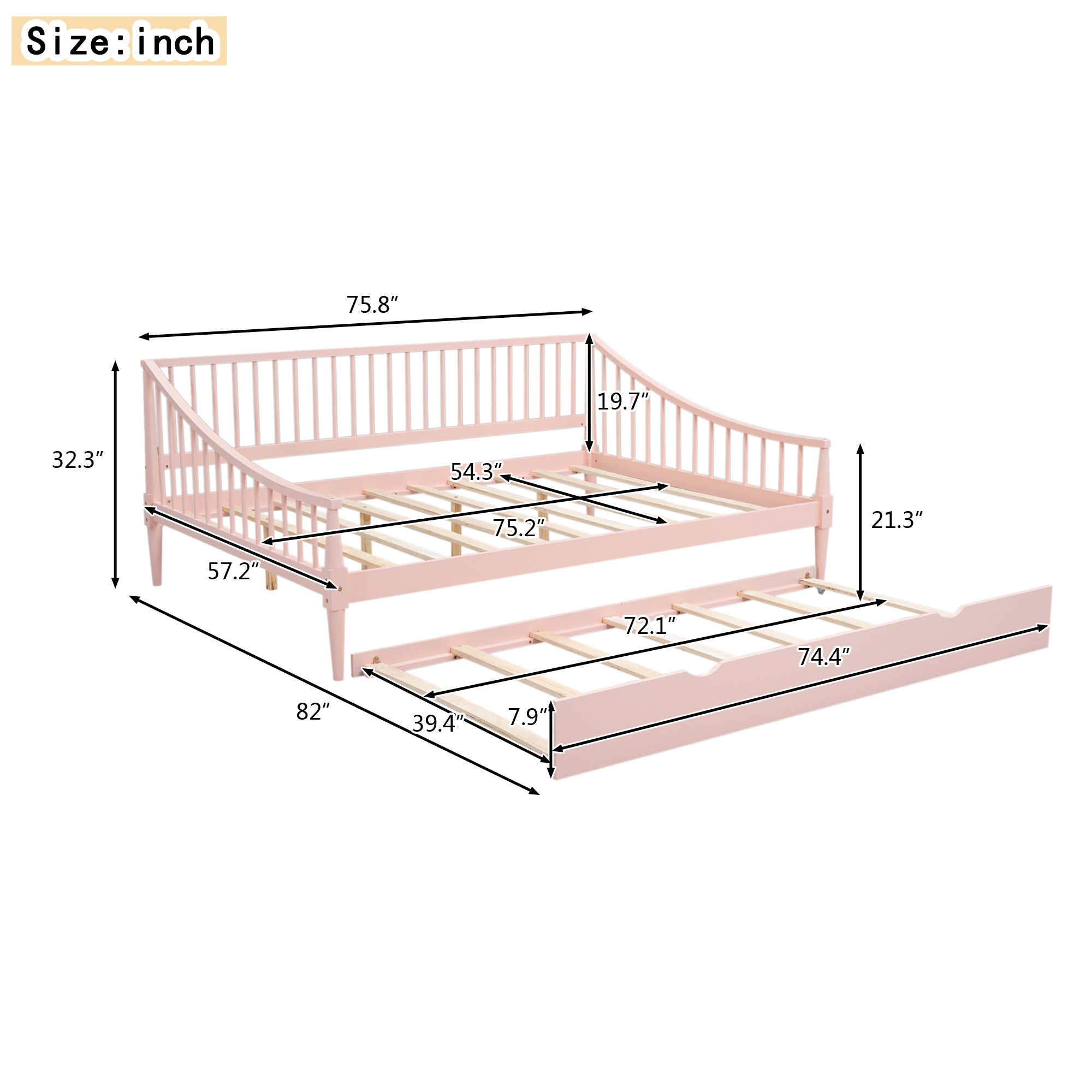Full Size Daybed with Trundle and Support Legs, Pink - Atlantic Fine Furniture Melbourne FL