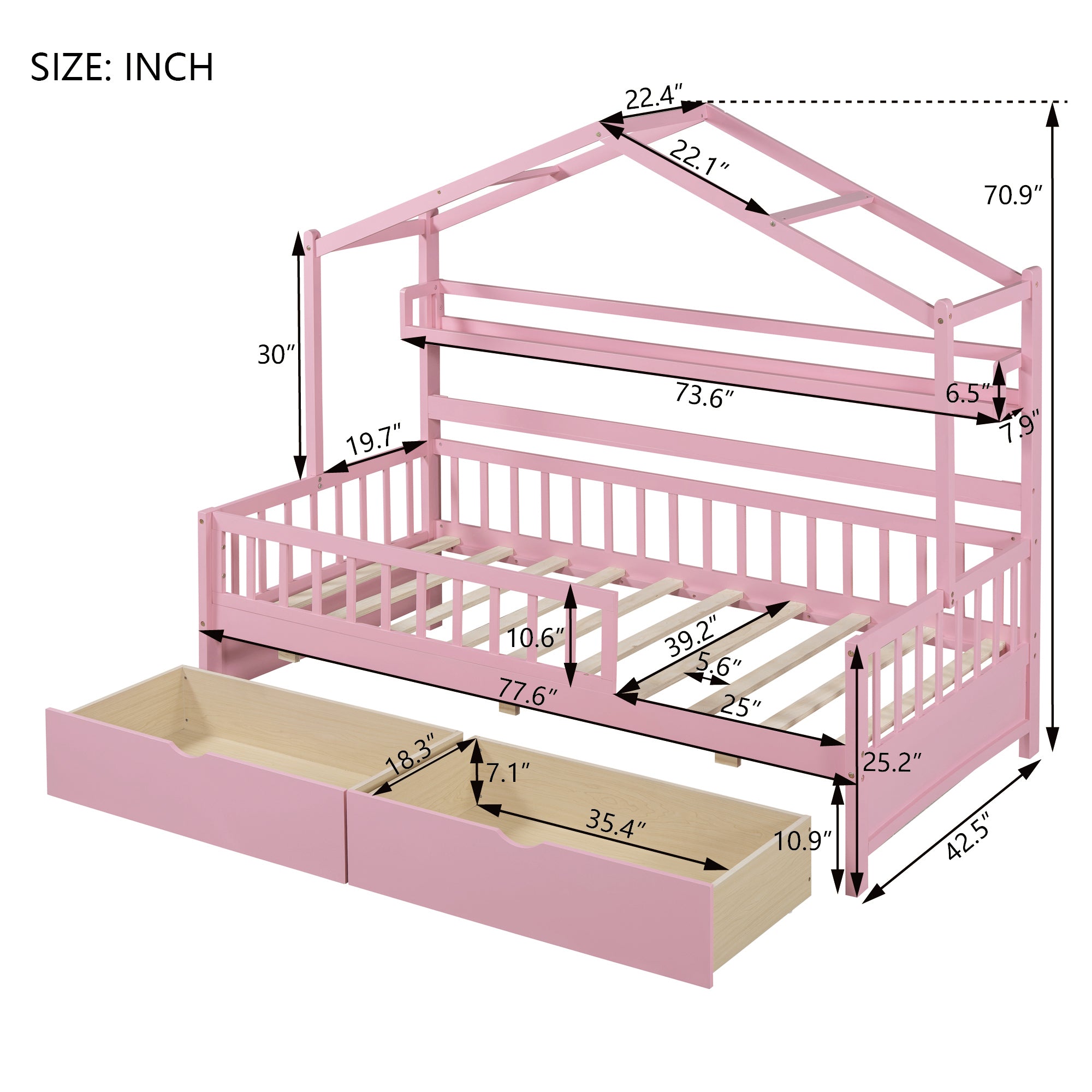 Wooden Twin Size House Bed with 2 Drawers,Kids Bed with Storage Shelf, Pink - Atlantic Fine Furniture Melbourne FL