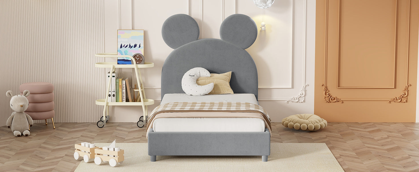Twin Size Upholstered Platform Bed with Bear Ear Shaped Headboard, Gray - Atlantic Fine Furniture Melbourne FL