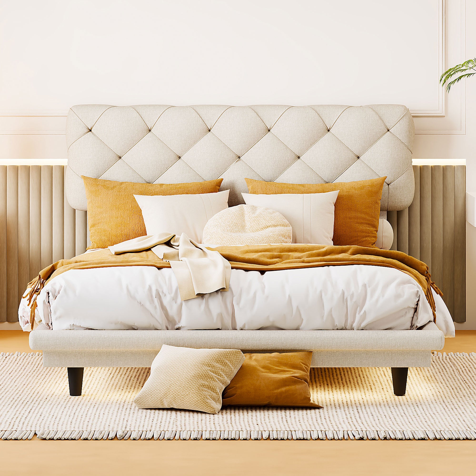 Full Size Upholstered Bed with Light Stripe, Floating Platform Bed, Linen Fabric,Beige - Atlantic Fine Furniture Melbourne FL