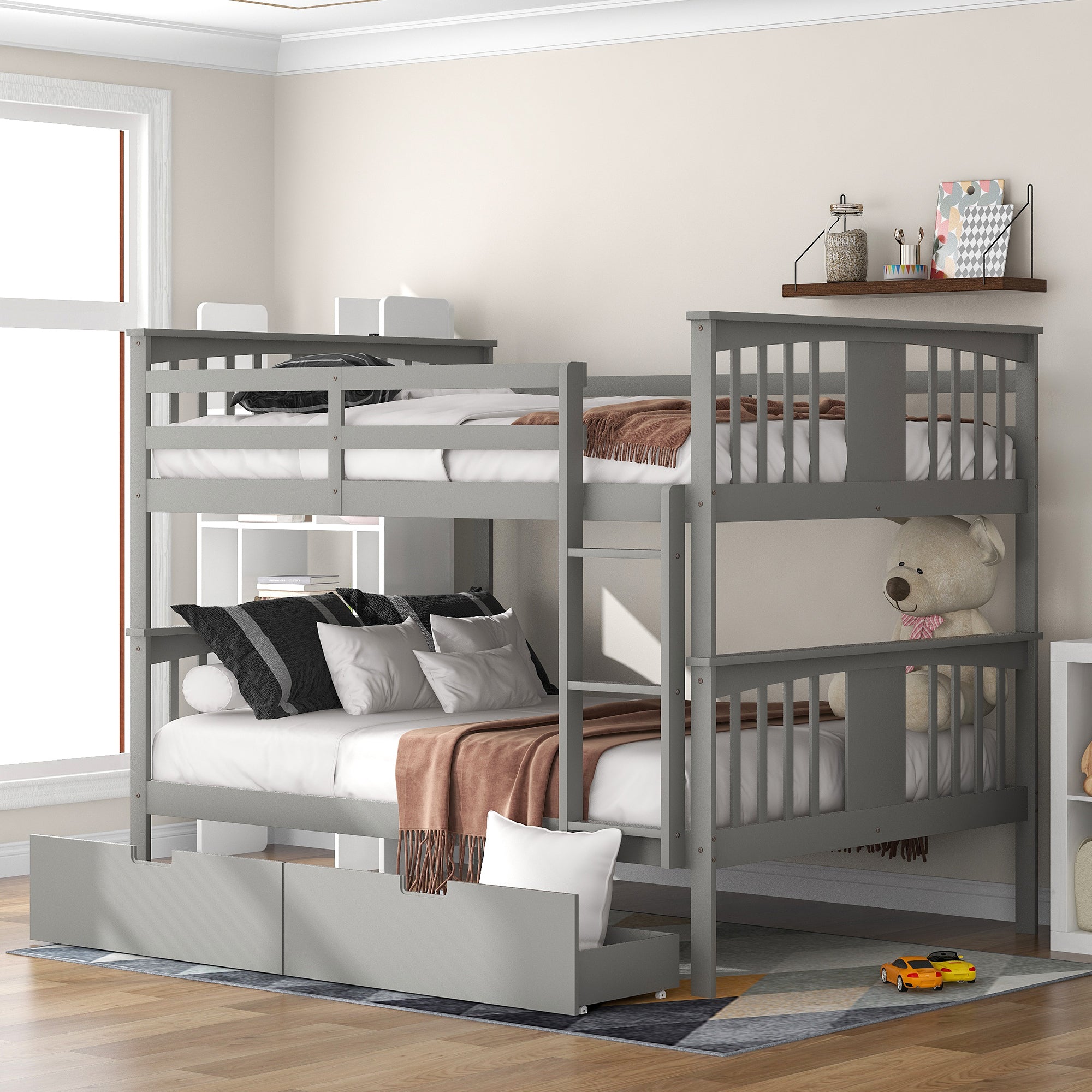 Full over Full Bunk Bed with Drawers and Ladder for Bedroom, Guest Room Furniture-Gray(OLD SKU :LP000205AAE) - Atlantic Fine Furniture Melbourne FL