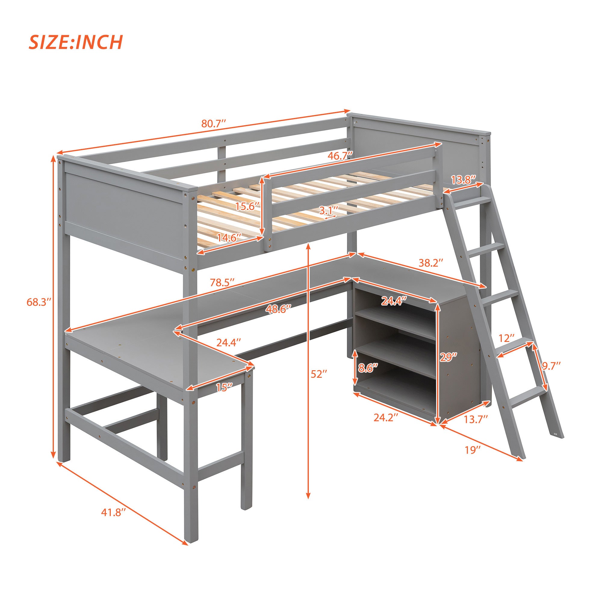 Twin size Loft Bed with Shelves and Desk, Wooden Loft Bed with Desk - Gray(OLD SKU:LT000537AAE) - Atlantic Fine Furniture Melbourne FL