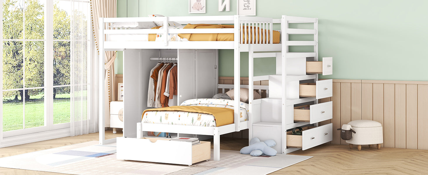 Full Over Twin Bunk Bed with Wardrobe, Drawers, White - Atlantic Fine Furniture Melbourne FL