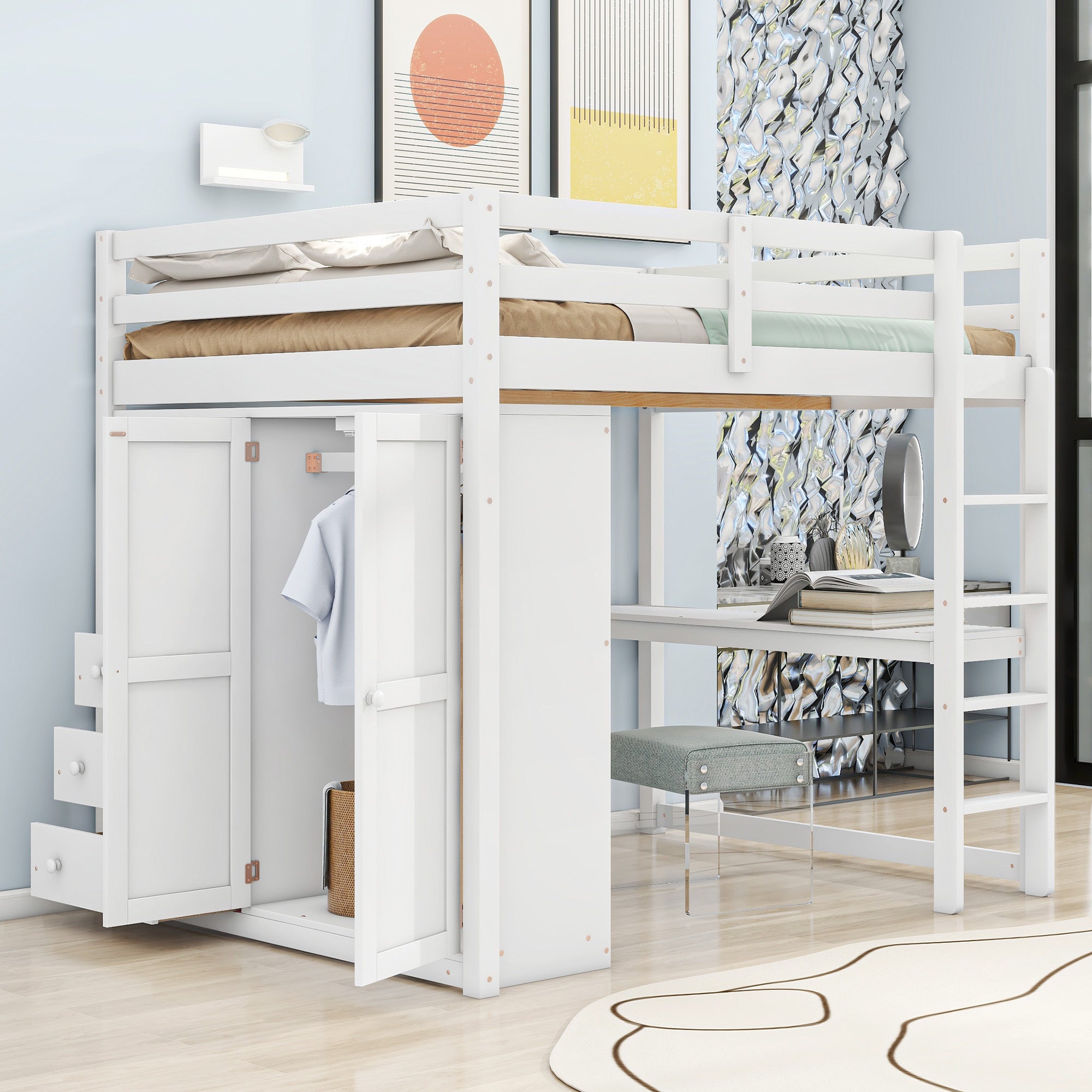 Wood Full Size Loft Bed with Built-in Wardrobe, Desk, Storage Shelves and Drawers, White - Atlantic Fine Furniture Melbourne FL