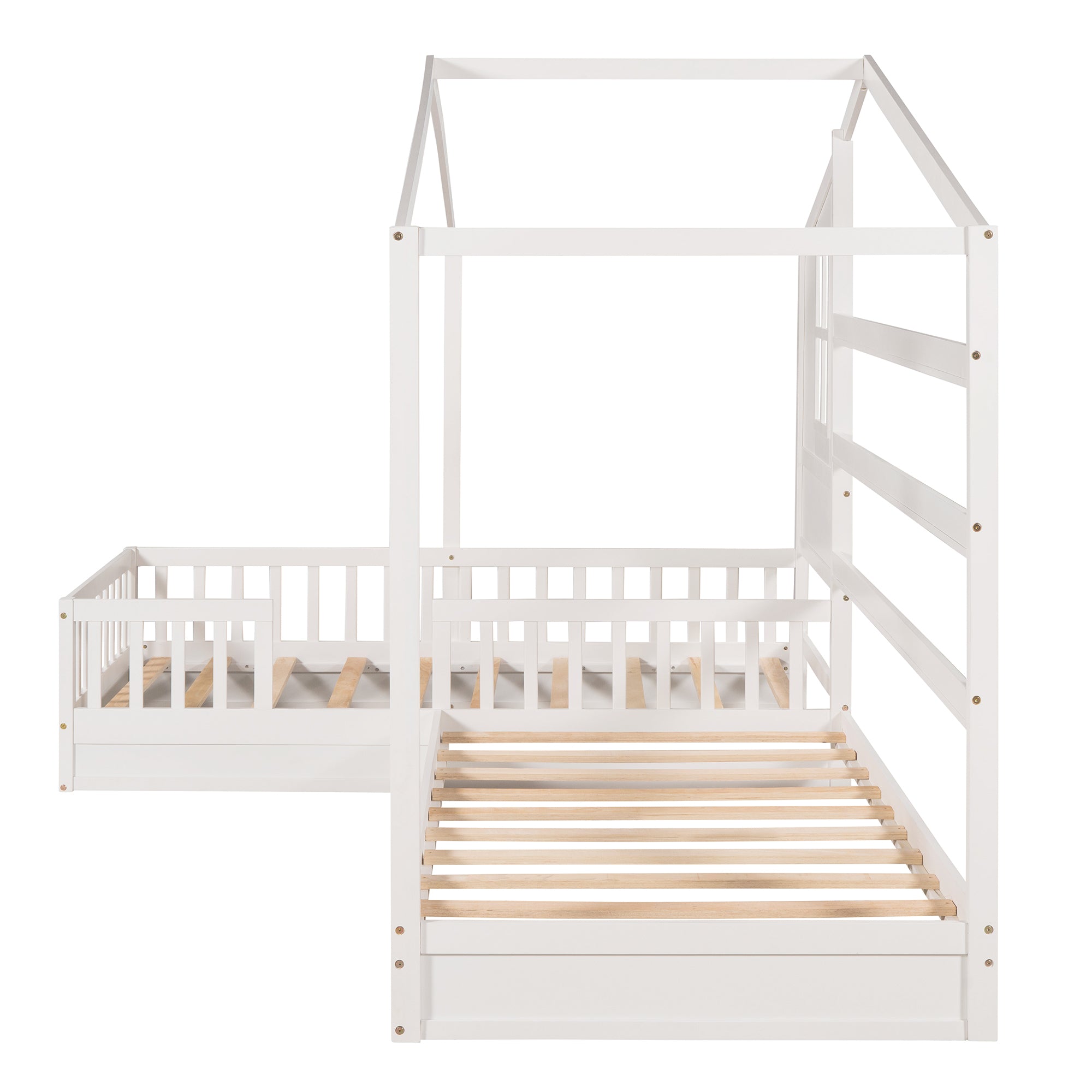 Wood House Bed Twin Size, 2 Twin Solid Bed L structure with fence and slatted frame (White) - Atlantic Fine Furniture Melbourne FL