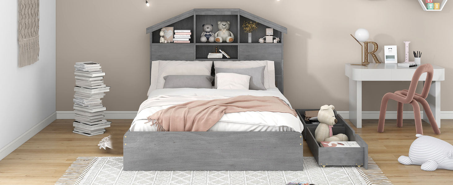 Full Size Wood Platform Bed with House-shaped Storage Headboard and 2 Drawers, Gray - Atlantic Fine Furniture Melbourne FL