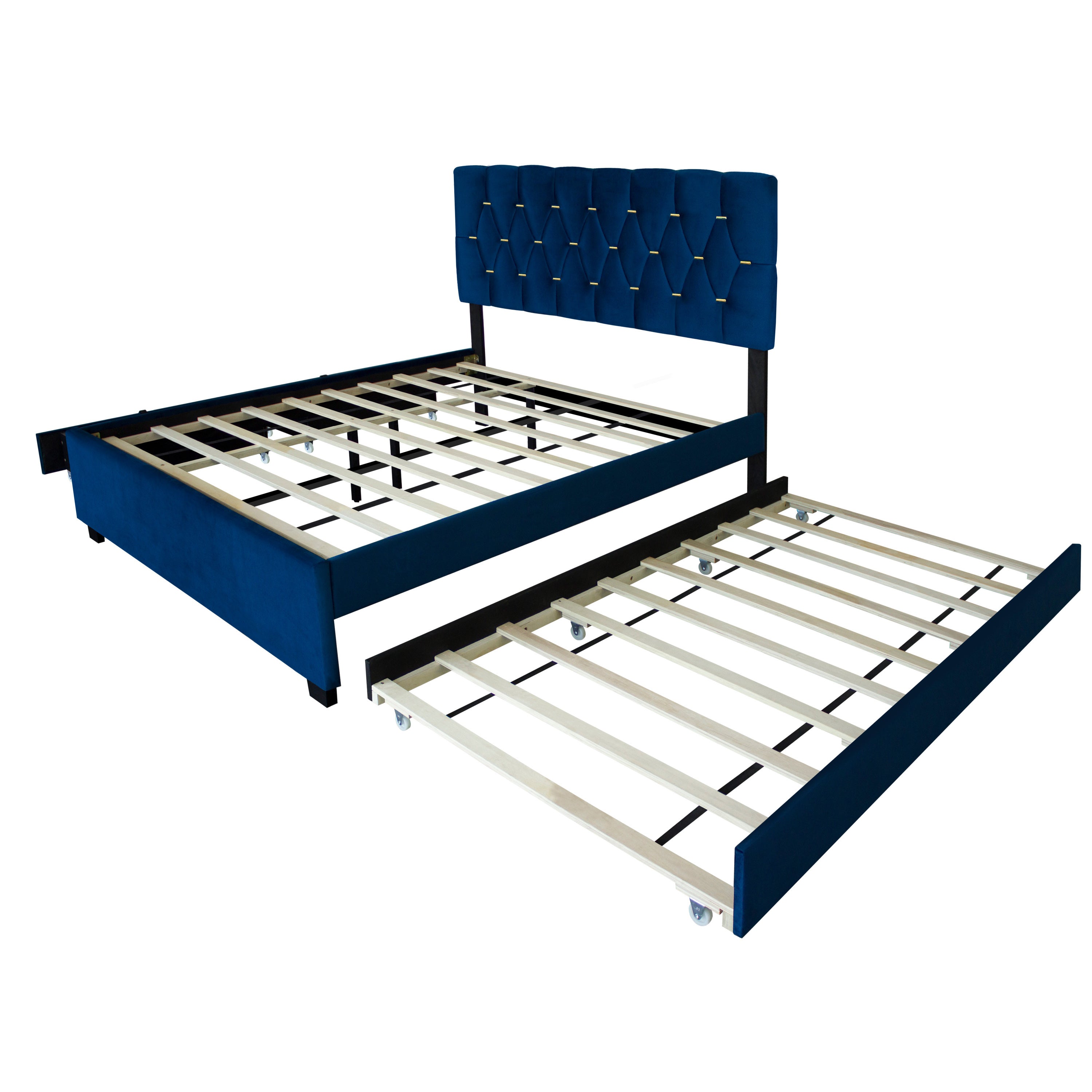 BLUE QUEEN SIZE TRUNDLE PULL OUT DRAWERS STORAGE UPHOLSTERED BED MODERN DESIGN NO BOX SPRING REQUIRED