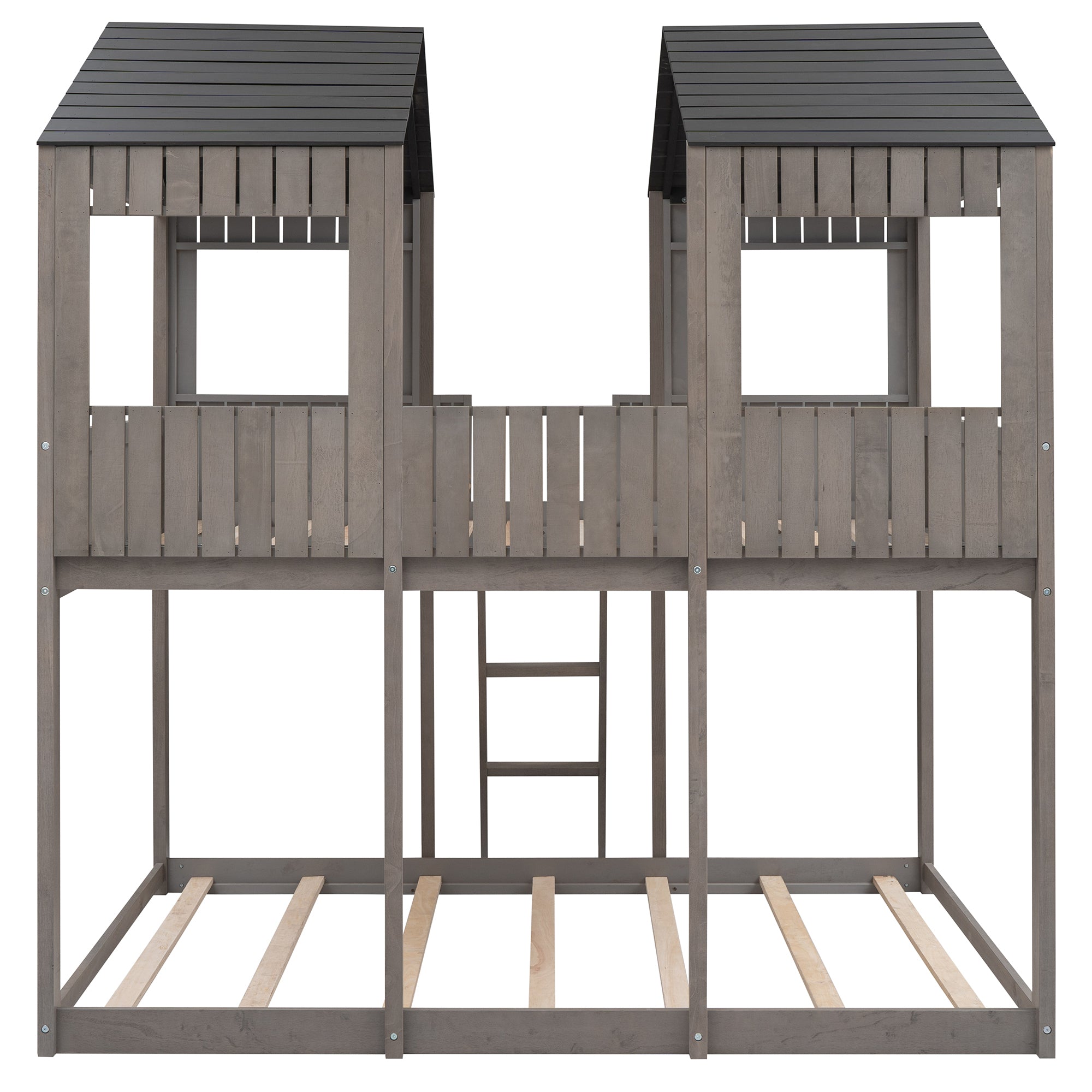 Full Over Full WoodBunk Bed with Roof, Window, Guardrail, Ladder(Antique Gray)( old sku: LT000031AAE ) - Atlantic Fine Furniture Melbourne FL