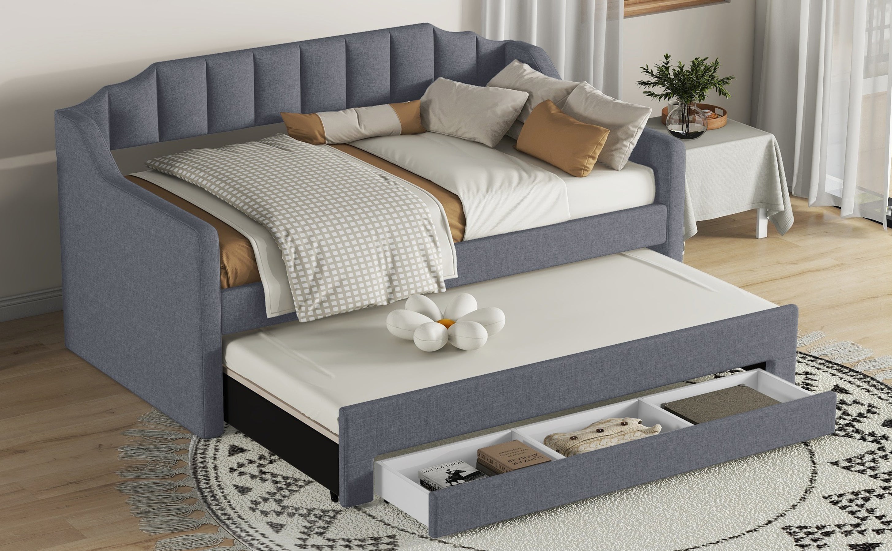 Twin Size Upholstered Daybed with Trundle and Three Drawers,Gray - Atlantic Fine Furniture Melbourne FL