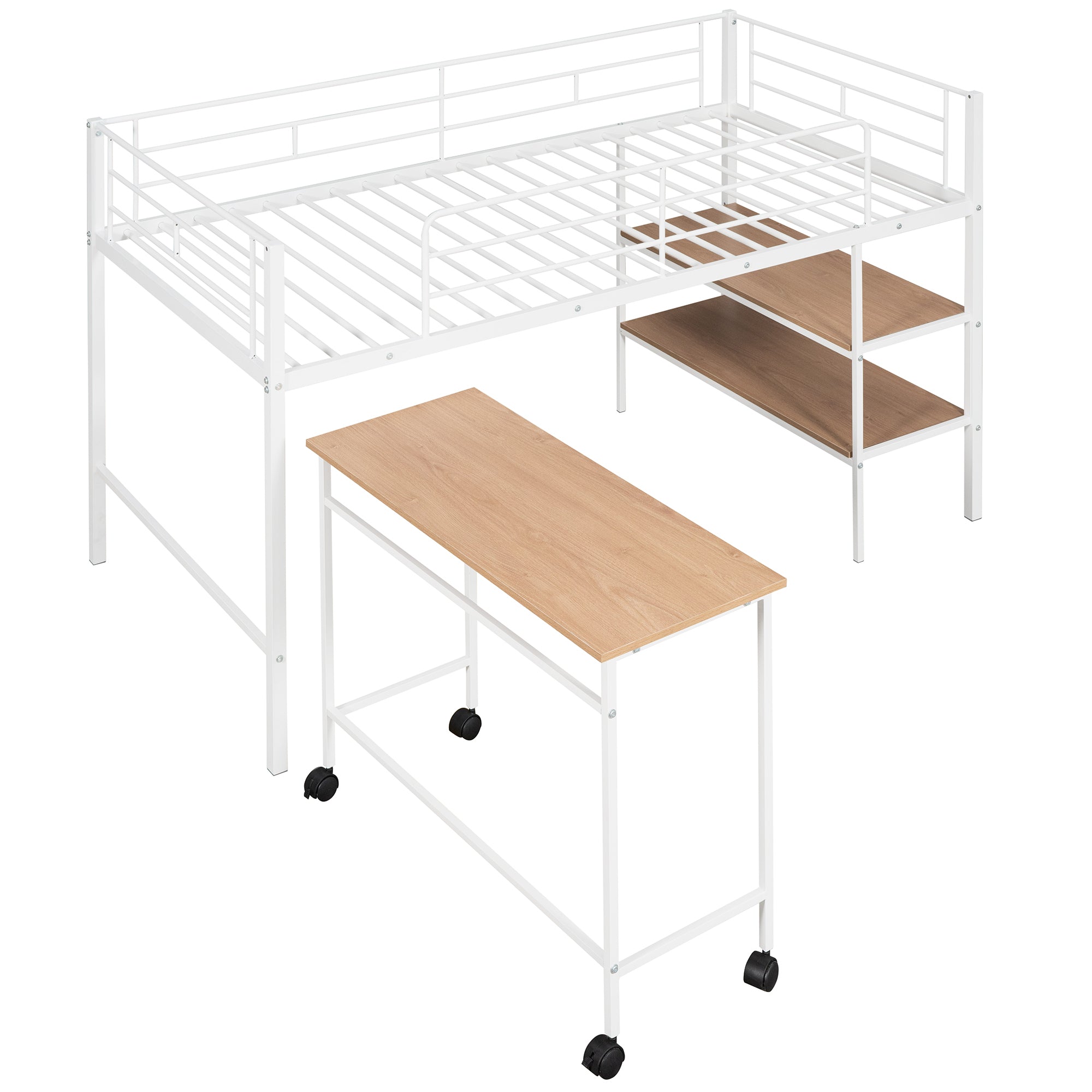 Twin Size Metal Loft Bed with Desk and Shelves,White - Atlantic Fine Furniture Melbourne FL