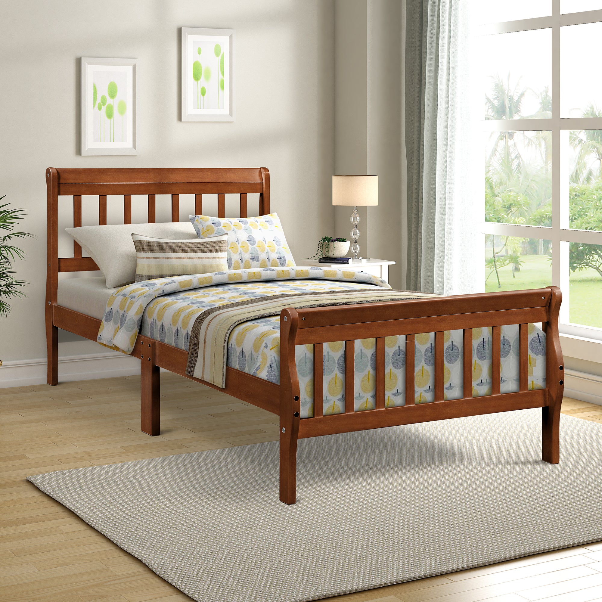 Wood Platform Bed Twin Bed Frame Panel Bed Mattress Foundation Sleigh Bed with Headboard/Footboard/Wood Slat Support - Atlantic Fine Furniture Melbourne FL