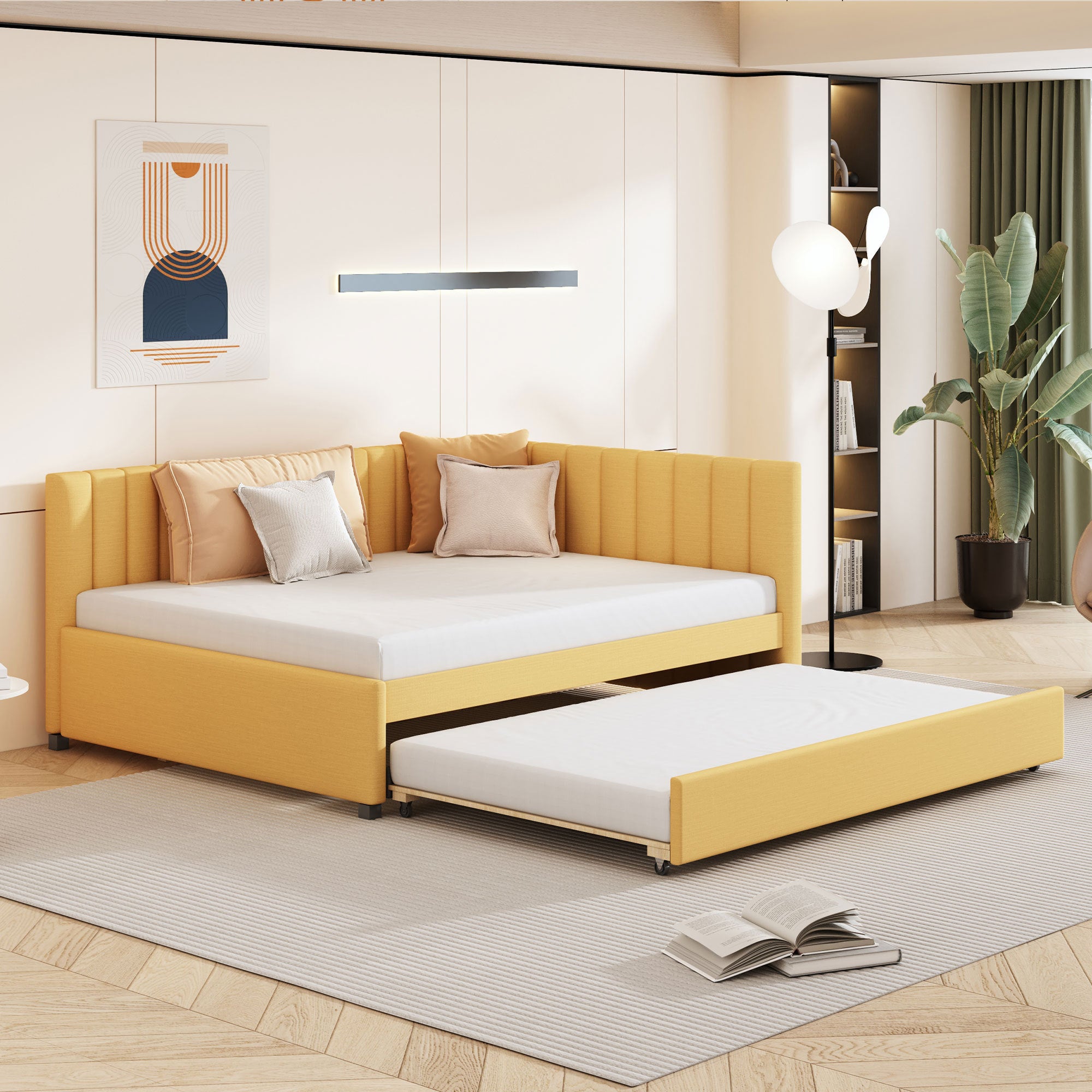 Full Size Upholstered Daybed with Trundle Sofa Bed Frame No Box Spring Needed, Linen Fabric(Yellow) - Atlantic Fine Furniture Melbourne FL