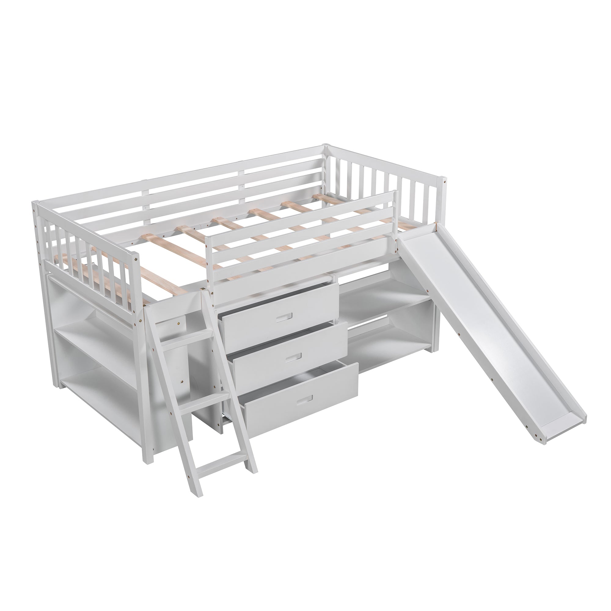 Low Loft Bed with Attached Bookcases and Separate 3-tier Drawers,Convertible Ladder and Slide,Twin,White - Atlantic Fine Furniture Melbourne FL