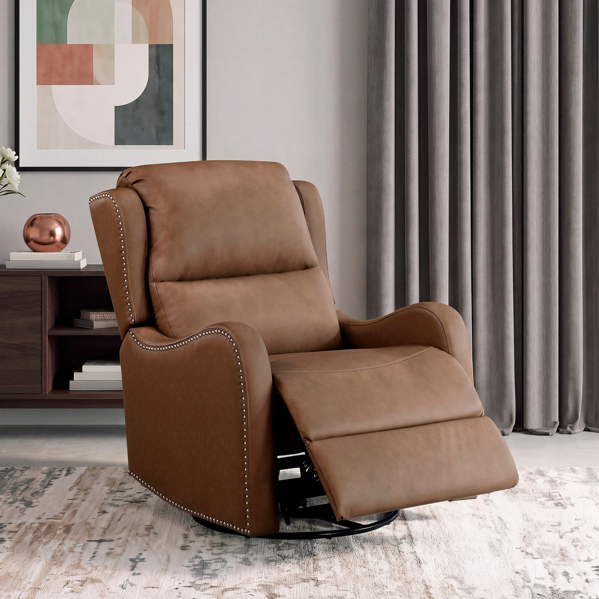 Modern Glider Recliner Chair with 360-degree Rotation Brown Leather Upholstery Luxury Home Furniture 1pc Reclining Armchair