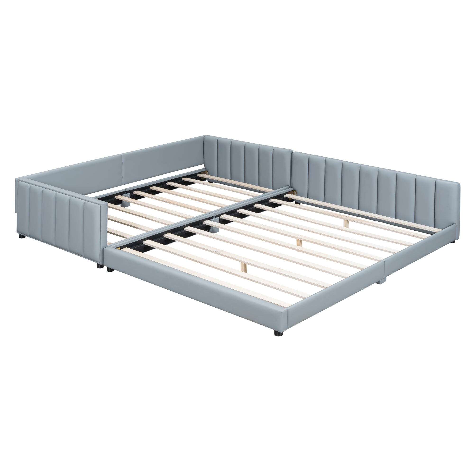 Queen Size & Twin XL Size Upholstered Platform Bed, Mother & Child Bed, PU Leather, Gray - Atlantic Fine Furniture Melbourne FL