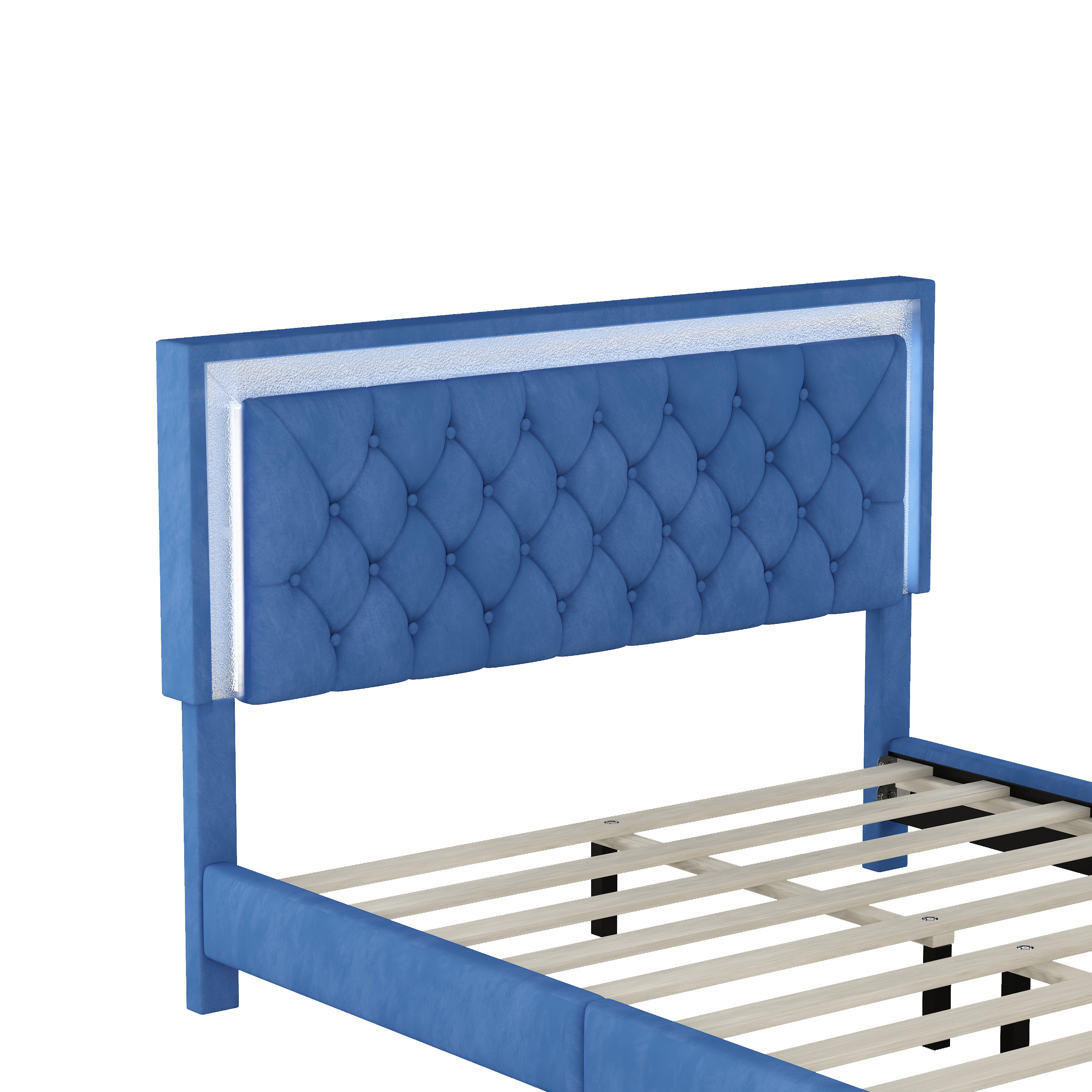 Queen Size Upholstered Bed Frame with LED Lights,Modern Velvet Platform Bed with Tufted Headboard,Blue - Atlantic Fine Furniture Melbourne FL