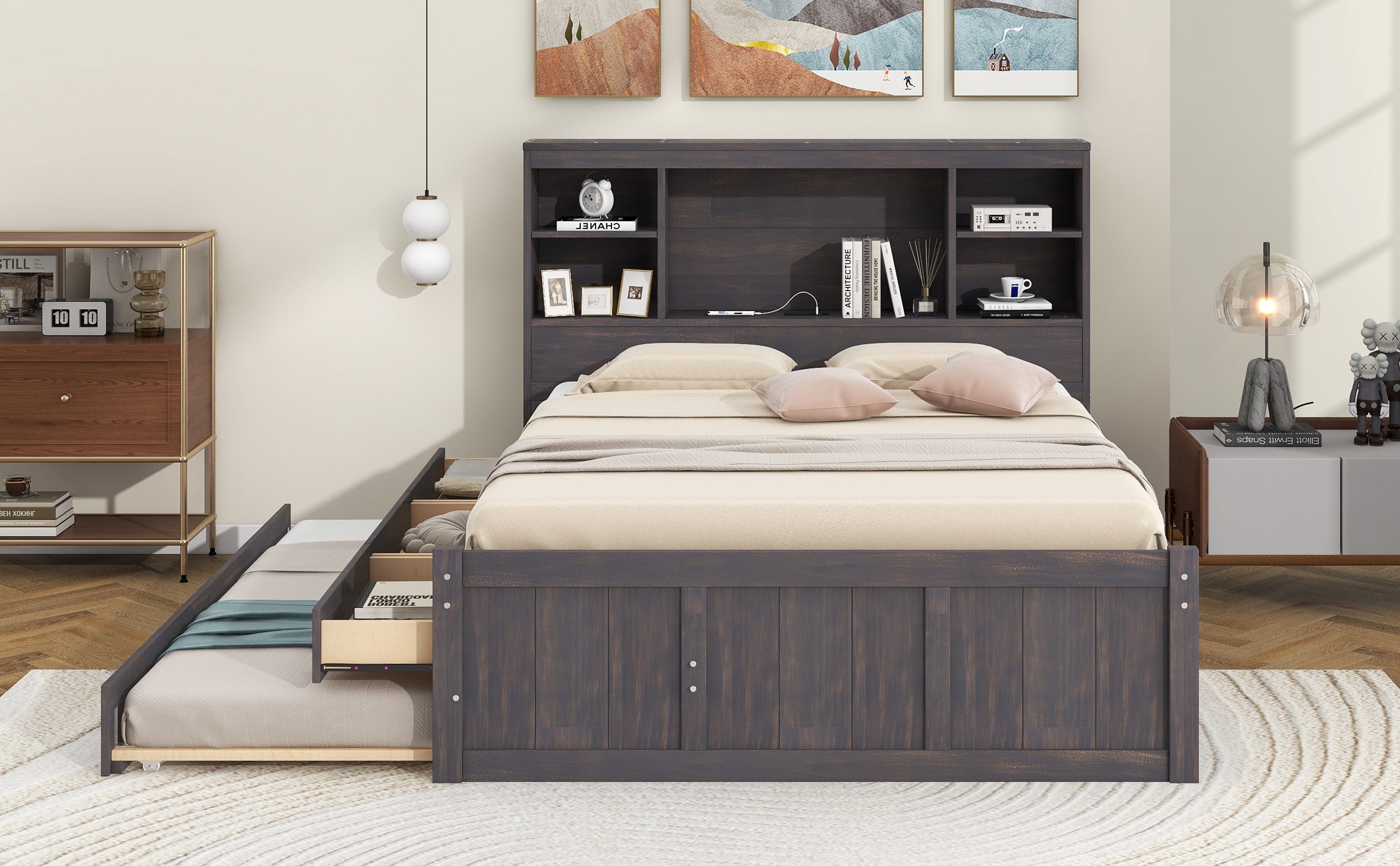 Full Size Platform Bed with Storage Headboard, Charging Station, Twin Size Trundle and 3 Drawers, Antique Brown