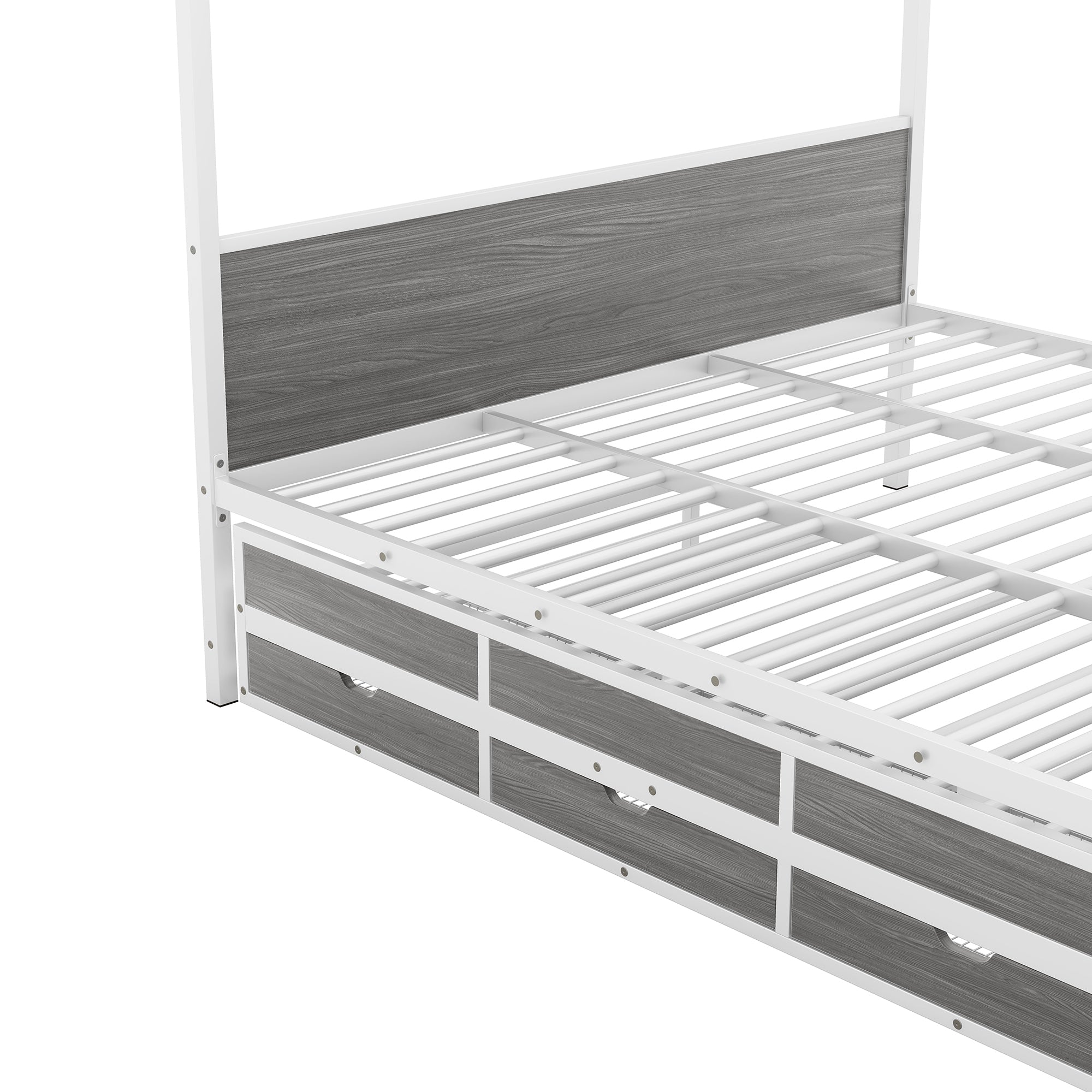 Queen Size Metal Canopy Platform Bed with Twin Size Trundle and 3 Storage Drawers, White - Atlantic Fine Furniture Melbourne FL