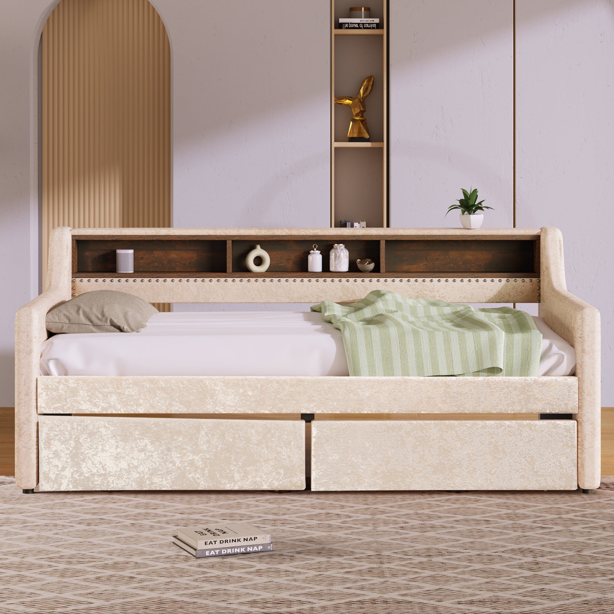 Twin Size Snowflake Velvet Daybed with Two Storage Drawers and Built-in Storage Shelves,Beige - Atlantic Fine Furniture Melbourne FL