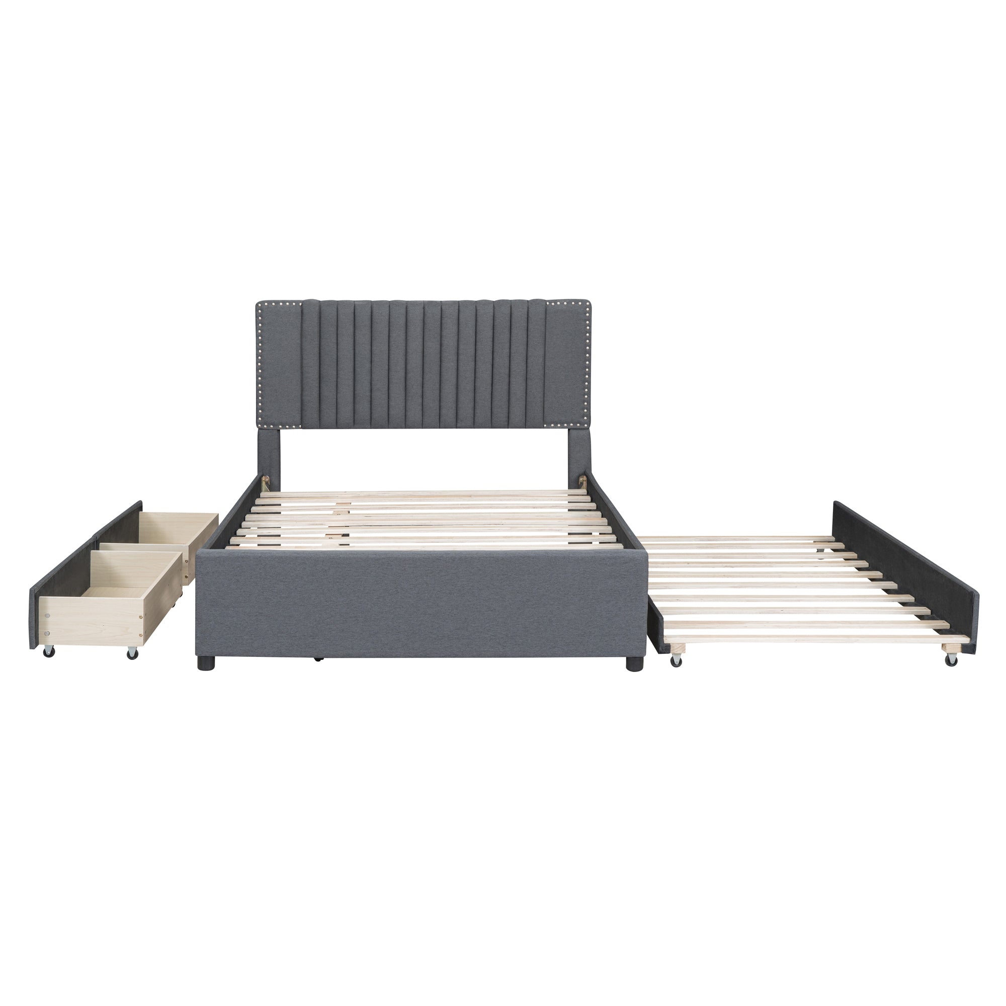 Full Size Upholstered Platform Bed with 2 Drawers and 1 Twin Size Trundle, Classic Headboard Design, Gray - Atlantic Fine Furniture Melbourne FL