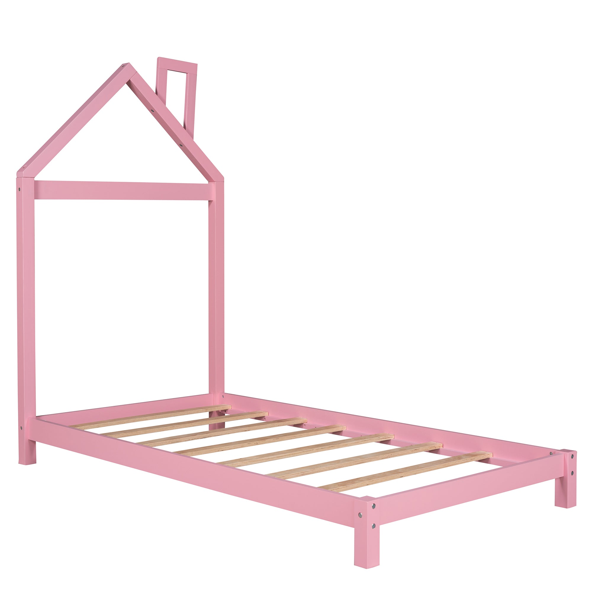 Twin Size Wood Platform Bed with House-shaped Headboard (Pink)