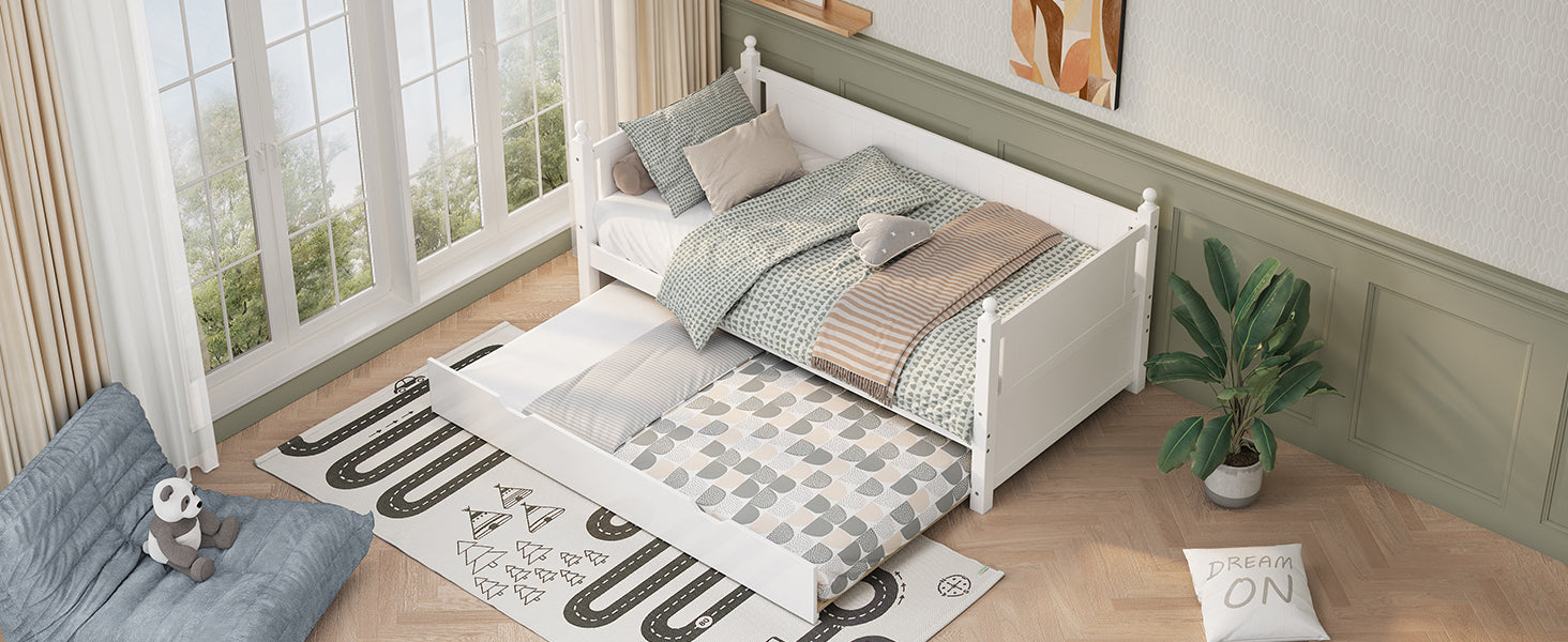 Twin Size Solid Wood Daybed with Trundle for Limited Space Kids, Teens, Adults, No Need Box Spring, White - Atlantic Fine Furniture Melbourne FL