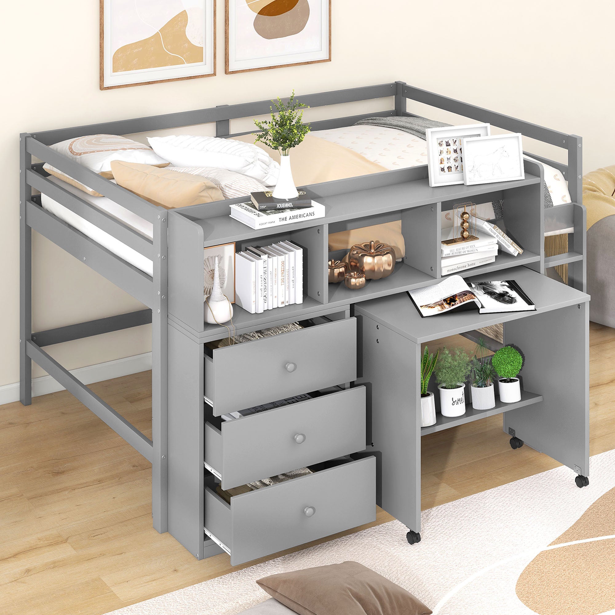 Full Size Low Loft Bed with Rolling Portable Desk, Drawers and Shelves, Gray(Old SKU: GX000711AAE) - Atlantic Fine Furniture Melbourne FL