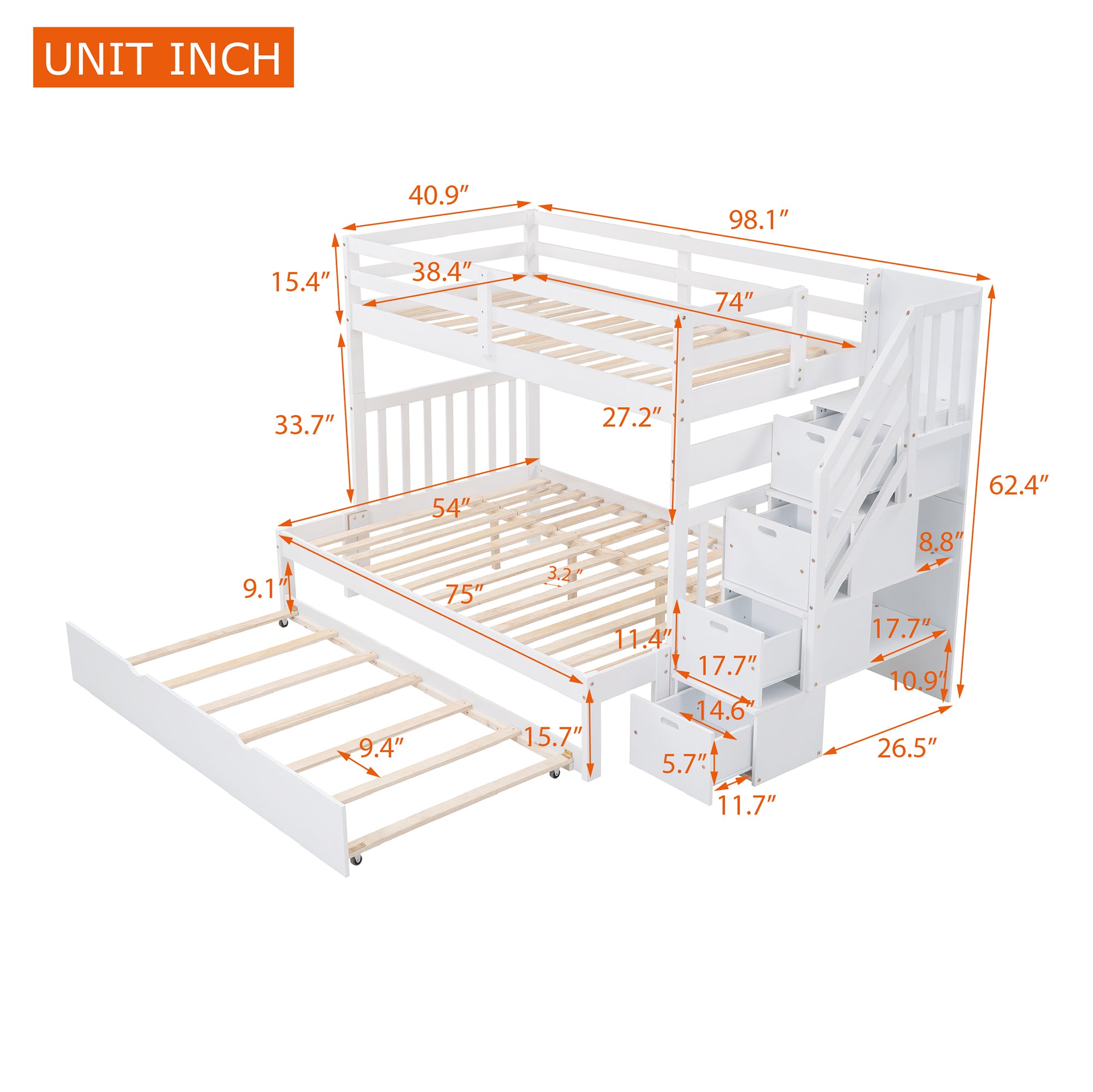 Twin over Twin/Full Bunk Bed with Twin Size Trundle (White)(OLD SKU :LP000025AAK) - Atlantic Fine Furniture Melbourne FL