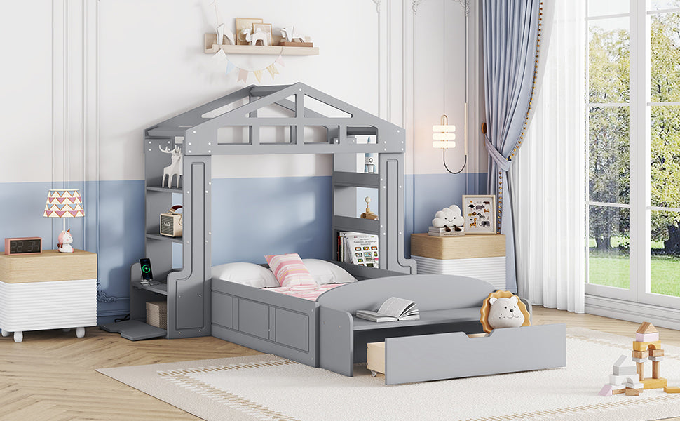 Twin Size House Bed with Bench, Socket and Shelves, Gray