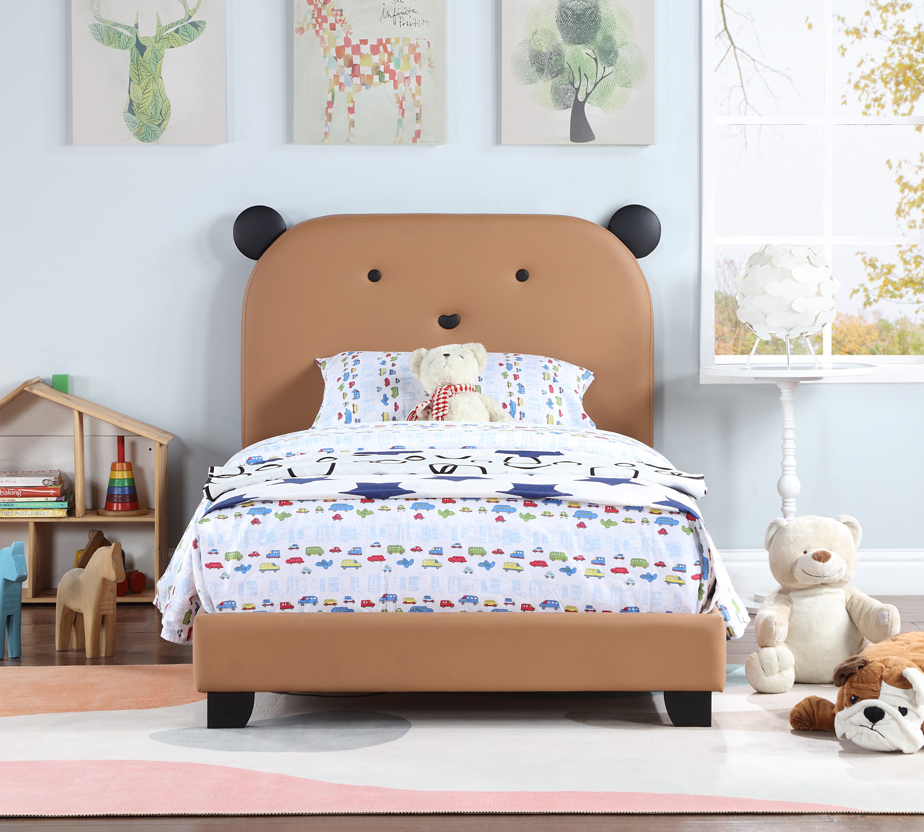 Upholstered Twin Size Platform Bed for Kids, with Slatted Bed Base, No Box Spring Needed, Brown color, Bear Design - Atlantic Fine Furniture Melbourne FL
