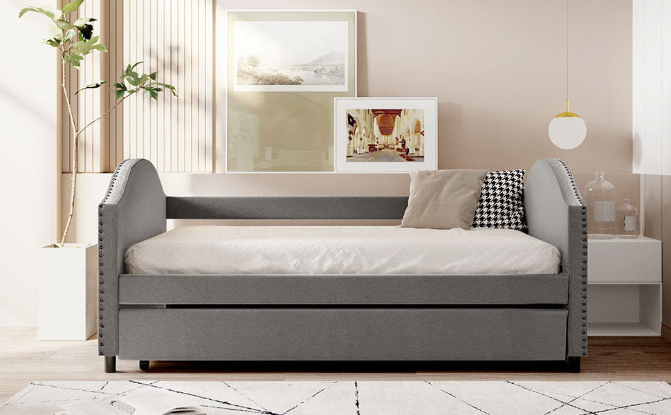 Full size Upholstered Daybed with Twin Size Trundle, Wood Slat Support, Gray(OLD SKU :LP000118AAE)