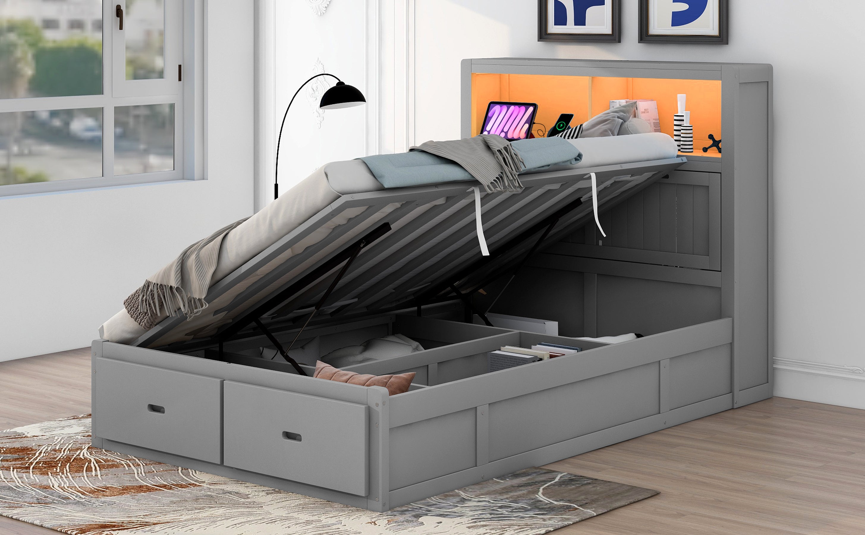 Wood Full Size Hydraulic Platform Bed with Storage LED Headboard, Charging Station and 2 Drawers, Gray - Atlantic Fine Furniture Melbourne FL