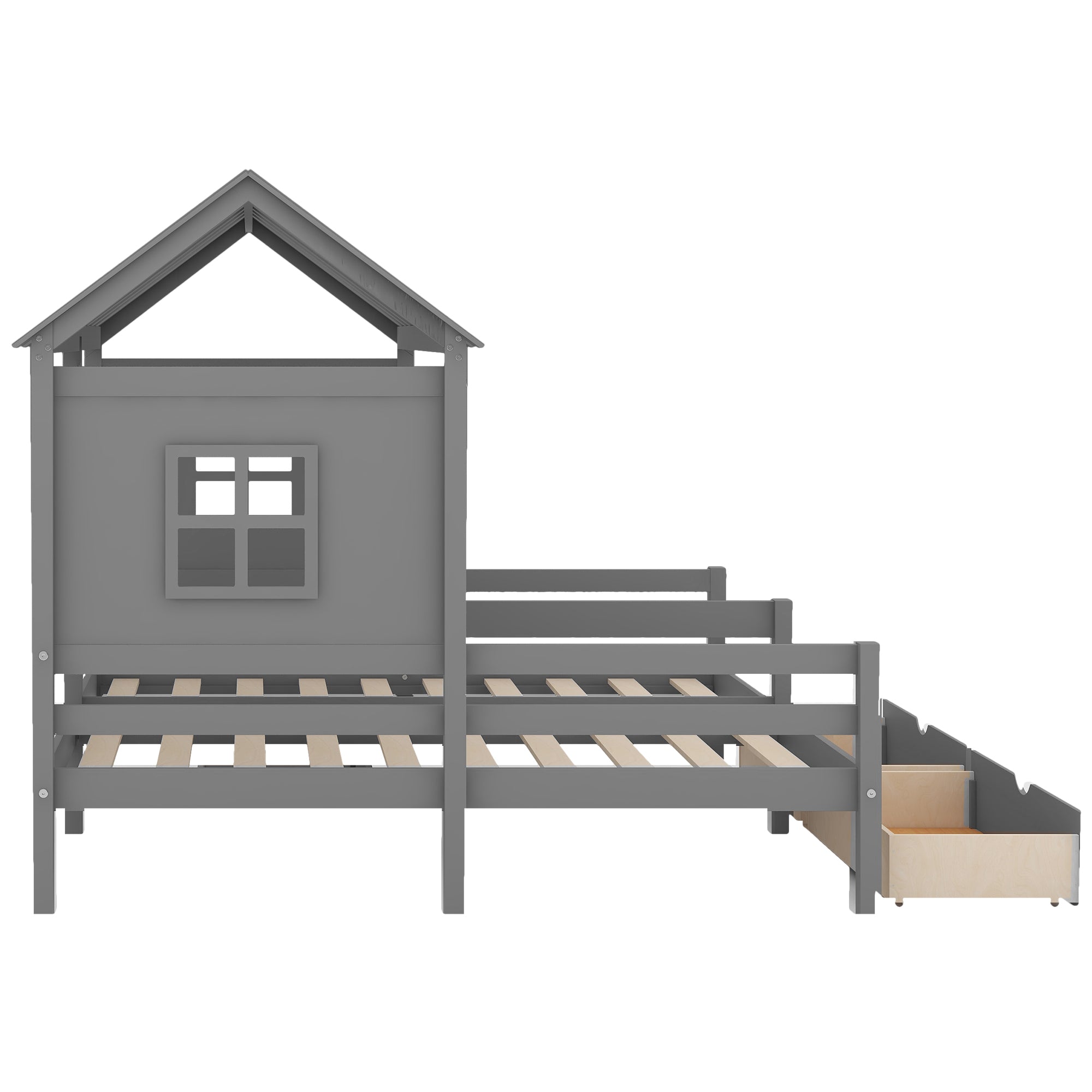 Twin Size House Platform Beds with Two Drawers for Boy and Girl Shared Beds, Combination of 2 Side by Side Twin Size Beds, Gray(old sku: GX000927AAE) - Atlantic Fine Furniture Melbourne FL