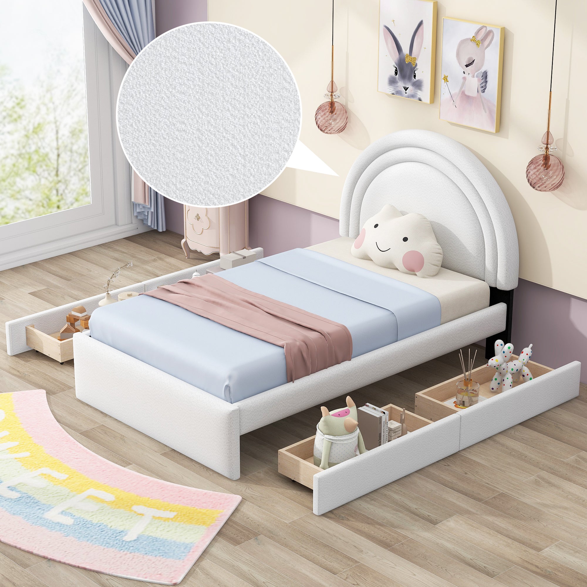 Teddy Upholstered Platform Bed With Four drawers, Twin, White - Atlantic Fine Furniture Melbourne FL