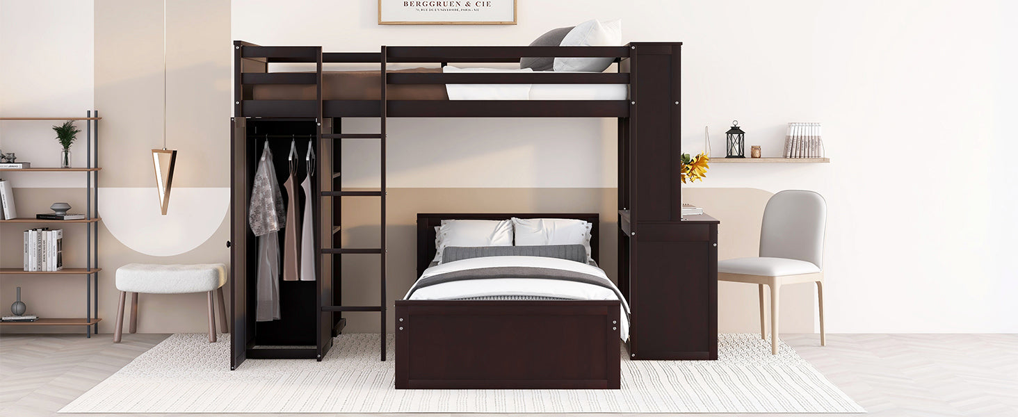 Twin size Loft Bed with a Stand-alone bed, Shelves,Desk,and Wardrobe-Espresso - Atlantic Fine Furniture Melbourne FL