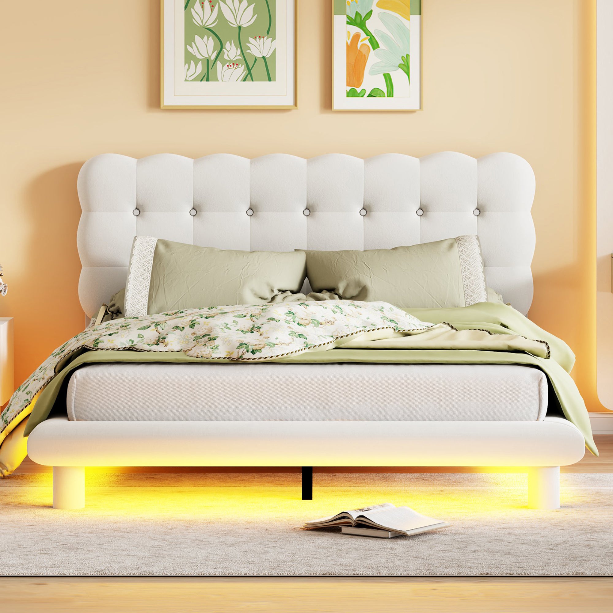 Queen Size Velvet Platform Bed with LED Frame, Thick & Soft Fabric and Button-tufted Design Headboard, Beige - Atlantic Fine Furniture Melbourne FL