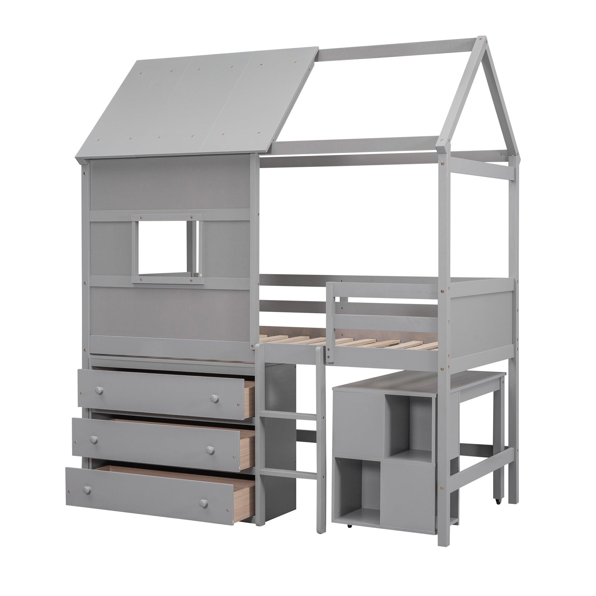 Twin Size House Loft Bed with Storage Desk and 3 Drawer Chest, Gray - Atlantic Fine Furniture Melbourne FL