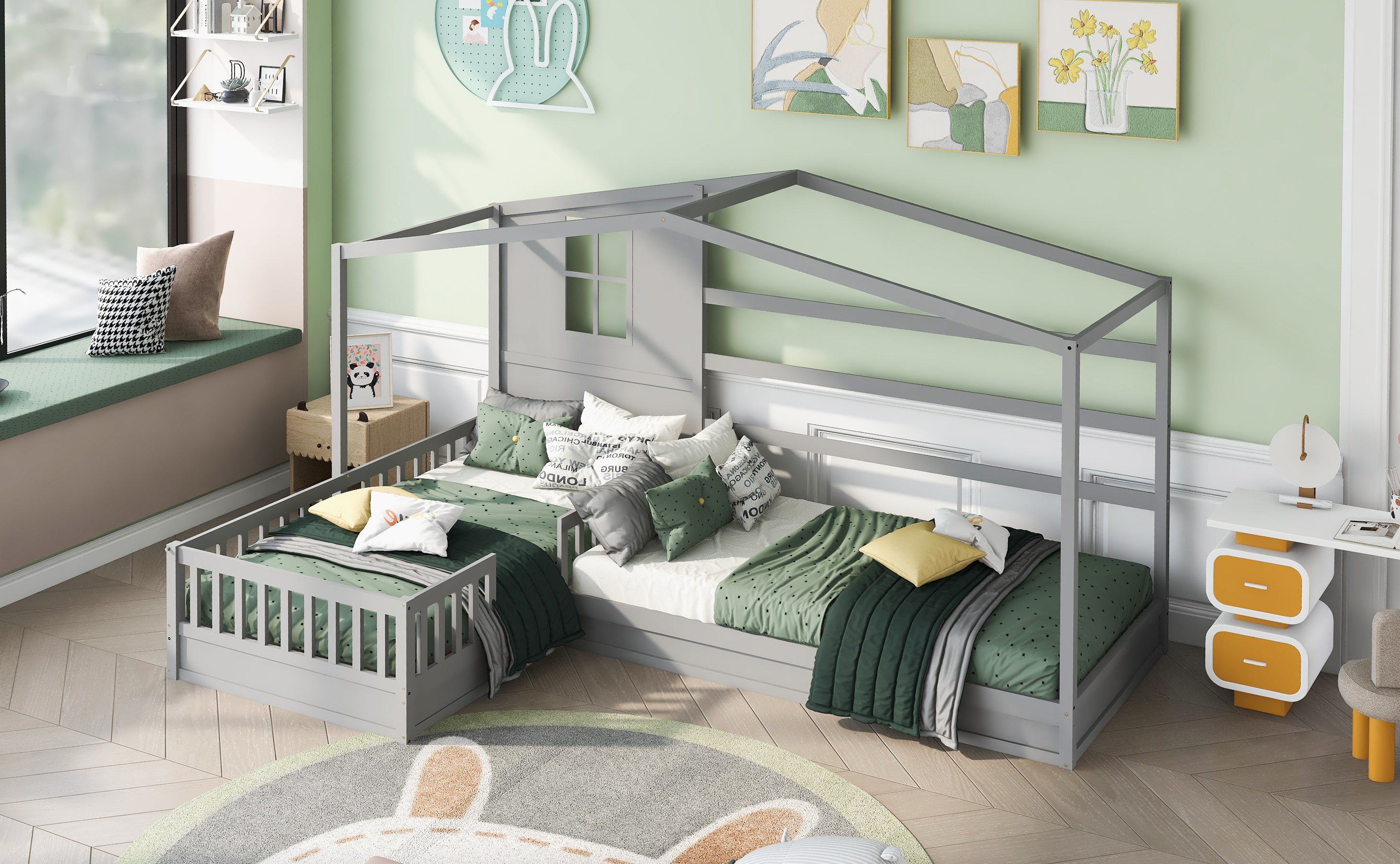 Wood House Bed Twin Size, 2 Twin Solid Bed L structure with fence and slatted frame (Gray) - Atlantic Fine Furniture Melbourne FL